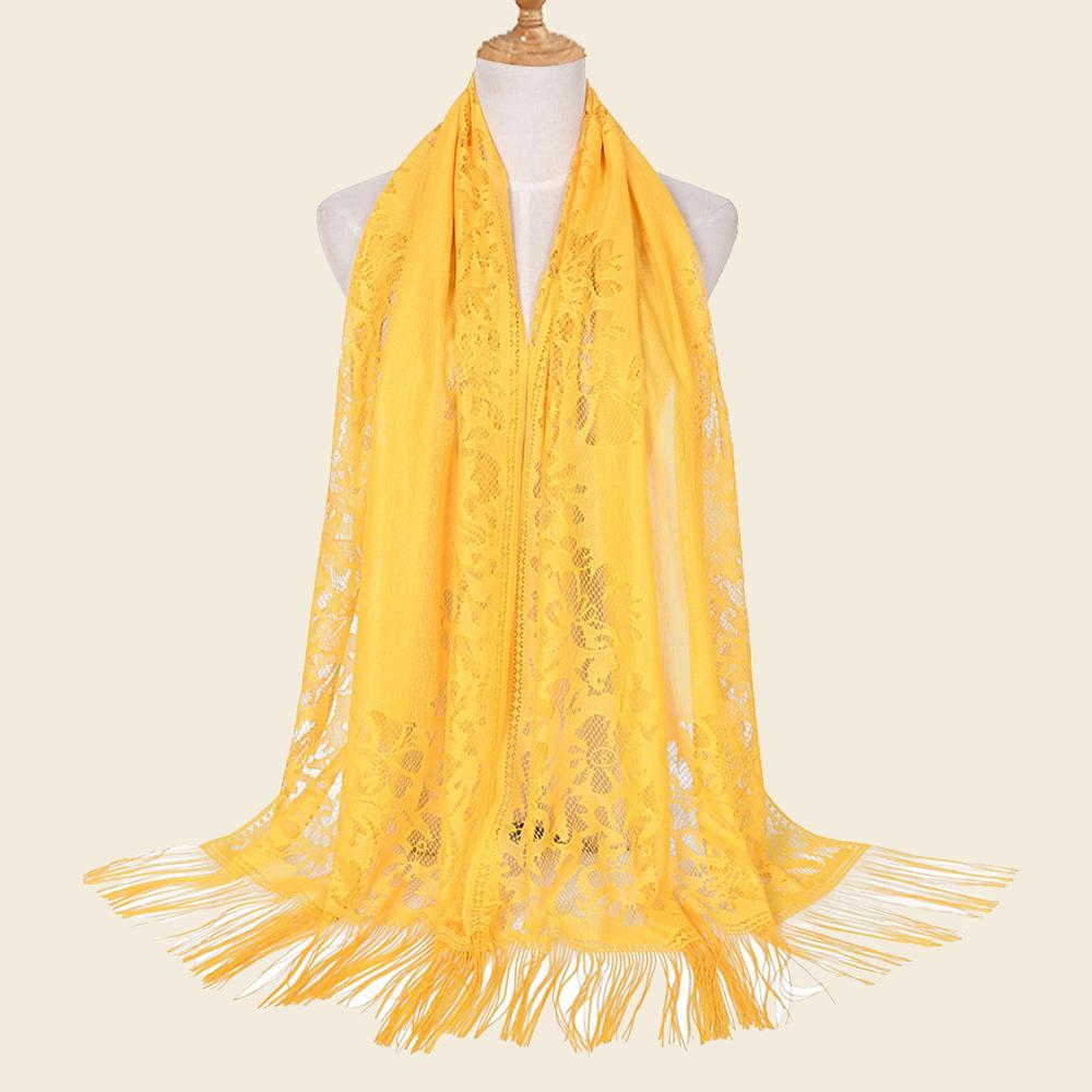 New Summer Malaysia Solid Color Lace Hollow Tassel Long Gauze Shawl Scarf Hijab Women