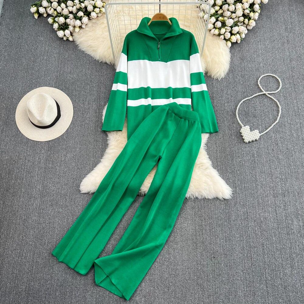 Modny garnitur damski na co dzień ze stójką i zamkiem błyskawicznym w paski, dzianinowy top dwuczęściowy zestaw z wysokim stanem, prostymi rurkami, długimi spodniami z szerokimi nogawkami