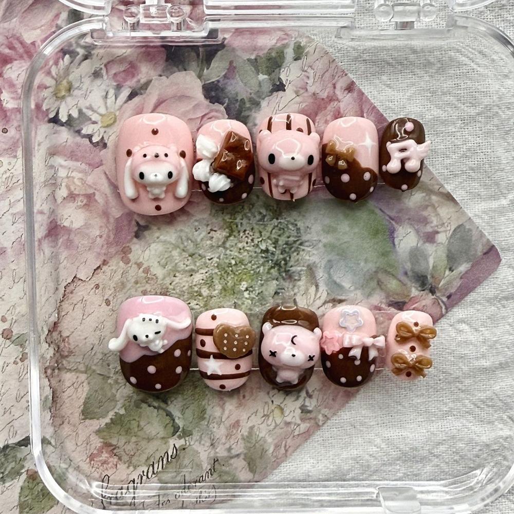 Cute Pink Rabbit Love Bear 3D Star Butterfly Knot Wing Dot Ellipse Fake Nails Birthday Gift Nail Art