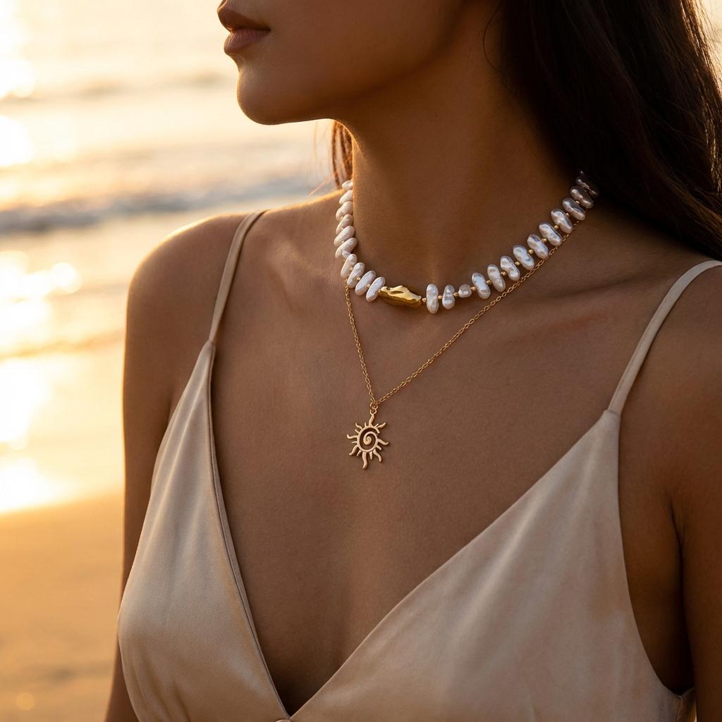 Vintage Dubbla Lager Sol Stjärna Hänge Halsband för Kvinnor Barock Imitation Pärla Lager på Lager Choker Boho Fest Vänskaps Smycken