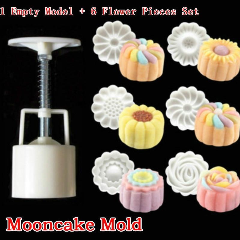 Moon cake mold hand pressure flower decor pastry stamp 1 set белый