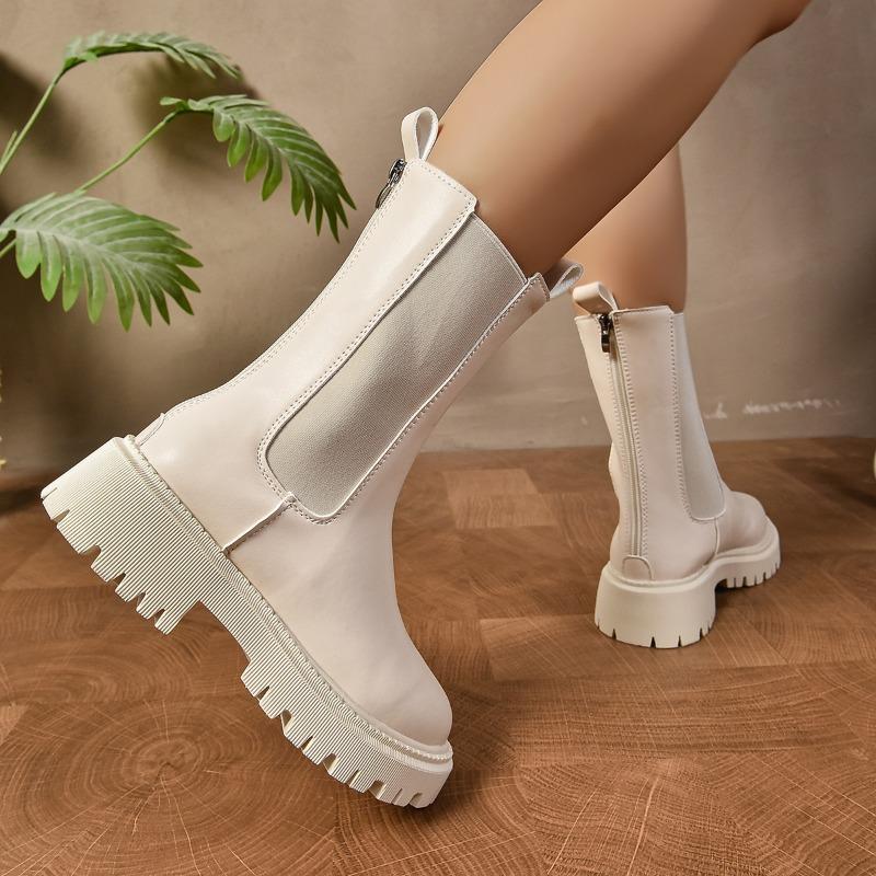 Moda 2025 Nowe Damskie Krótkie Botki Styl Brytyjski Jesień/Zima Ocieplane Futrem Gruba Podeszwa Wąski Krój Cigarette Czarne Botki Chelsea