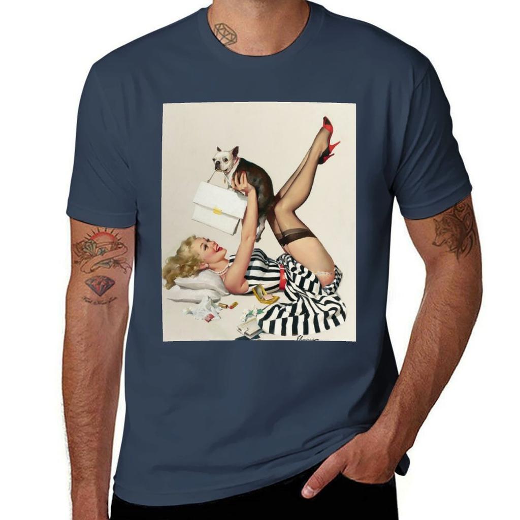Vintage Naughty Puppy Love Gil Elvgren Pin Up Girl Tshirt Simple Line Art Print Tee Tshirt