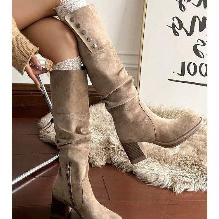 Genuine Leather~ Maillard Boots Women's 2025 Autumn and Winter New Stacking Boots Thick Heel Western Women's Boots High Heel Knight Boots