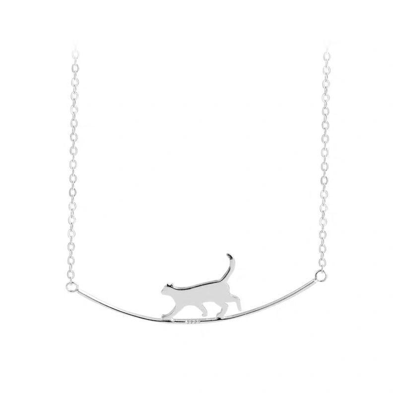 Curved Cat Necklace, 925 Sterling Silver, Cute Clavicle Chain for Women, Korean-Style Trend