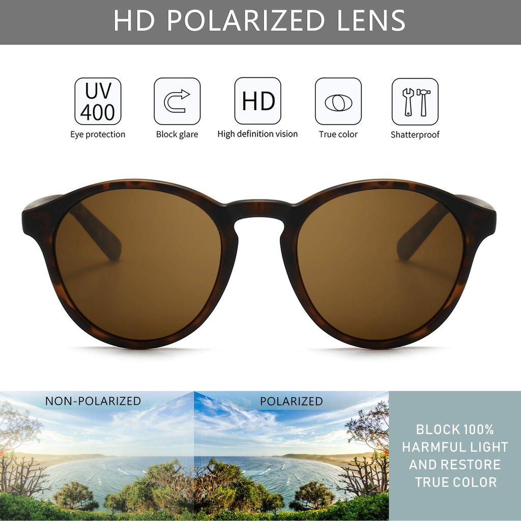 SUNGAIT Round Polarized Sunglasses Retro Style UV400 Amber Matte Frame Brown Lens SGT166HPKC Women's Men's