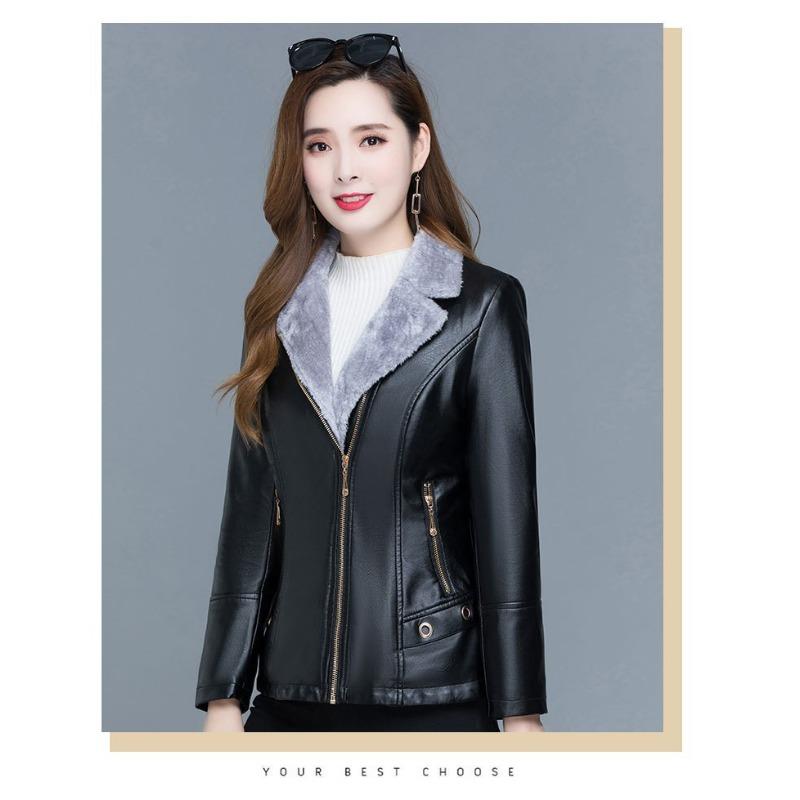 Women S Short Fleece Lined Suit Collar Leather Jacket Winter Casual Coat