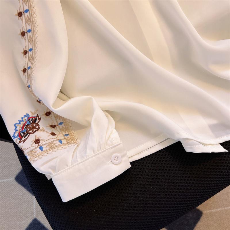 Women Ethnic Embroidered Long Sleeve Blouse Loose Fit French Style Professional Office Shirt