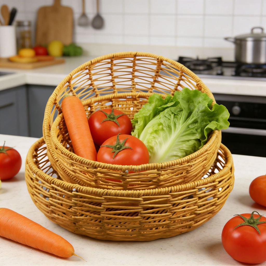 Handwoven Imitation Rattan Round Basket Fruit Vegetable Bread Storage Picnic Home Kitchen Organizer Eco-Friendly Decorative Tray