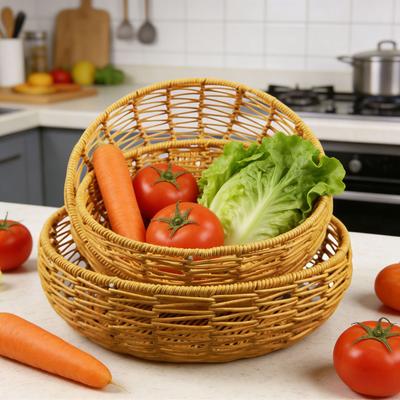 Handwoven Imitation Rattan Round Basket Fruit Vegetable Bread Storage Picnic Home Kitchen Organizer Eco-Friendly Decorative Tray