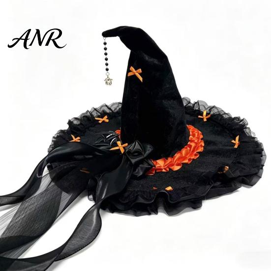 Spooky Festival Accessories Halloween Witch Hat for Women, Large Black Velvet Wizard with Party Favors Mesh Ruffle Brim Adults Costume, Cosplay