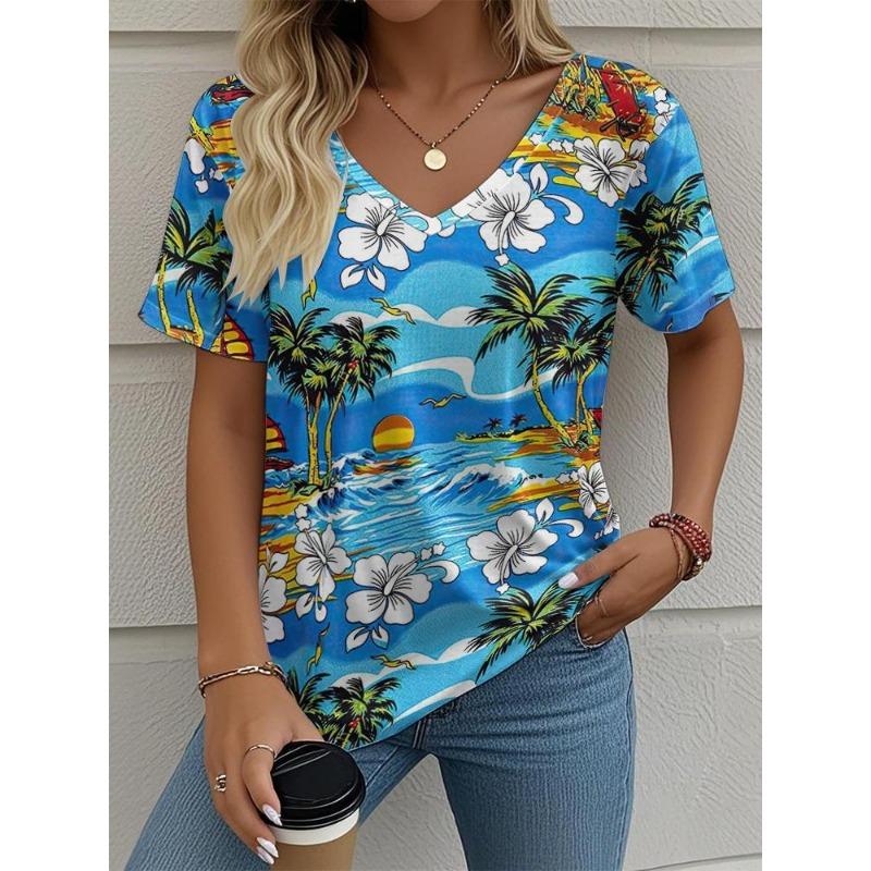 Women's T-Shirt Coconut Tree Pattern 3d Printing Fashion Casual V-Neck Short-Sleeved Beach Style Outdoor Women's Clothing