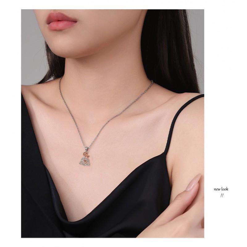 Celtic Knot Heart Rose Pendant Necklace Women Gold Plated Copper Chain Adjustable 41-50cm Cross Link Choker