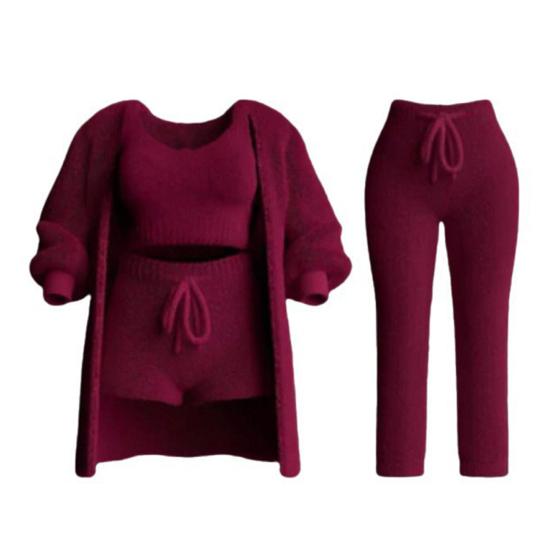 

4 шт./комплект женский жилет шорты пальто брюки комплект длинный рукав толстое пальто круглый вырез без рукавов XXXL вино красного