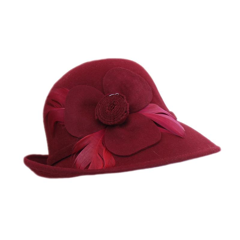 Retro Top Hat Autumn And Winter Woolen Hat Women'S Fashion Flower Styling Hat Back Curling Felt Hat