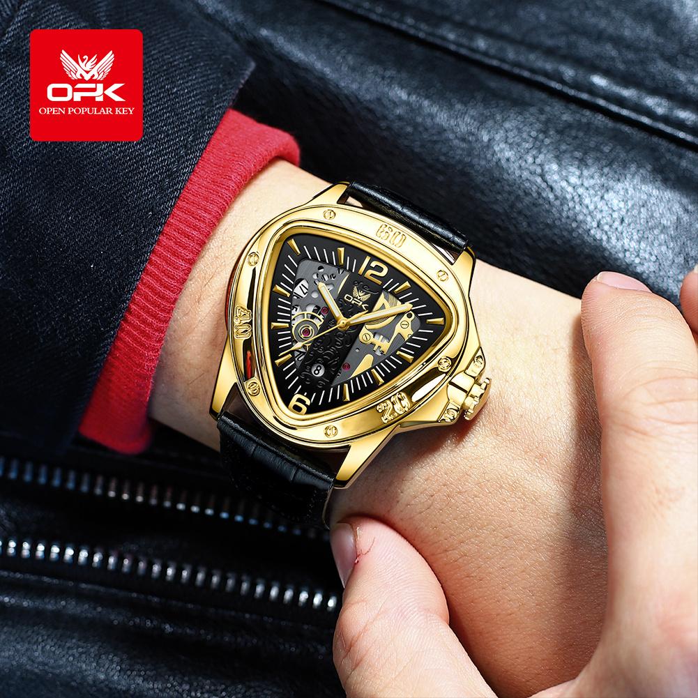 OPK Modny Oryginalny Zegarek Kwarcowy Dla Mężczyzn Luksusowa Trójkątna Tarcza Wodoodporny Luminescencyjny Skórzany Zegarek Dla Biznesmena