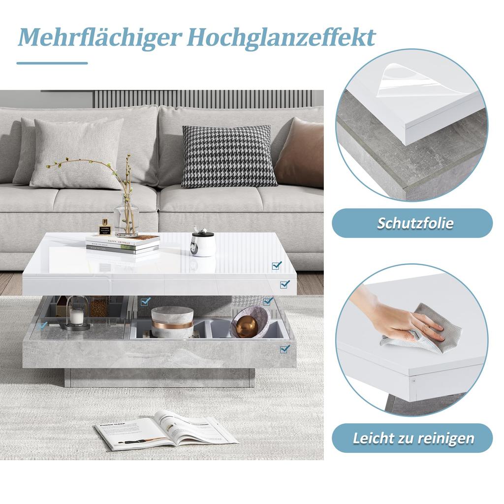 Couchtisch quadratische Drehbarer Moderner verstecktem Ablagefach, kreativer Sofatisch Kaffeetisch Mitteltisch Home Office, Weiß & Marmor