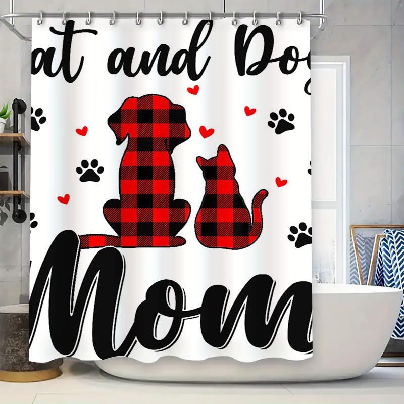

Adorable Cat Dog Print Shower Curtain Set For Bathroom Decor Black Red Plaid Paws Design (180X240Cm) W60H190(CM)-1 Pcs