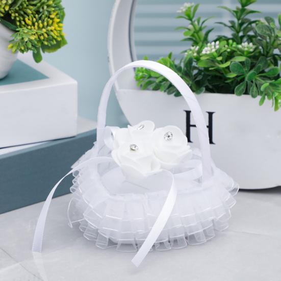 Wedding Ring Basket Flower Decor Rhinestone Solid Color Heart Shape Mesh Hold