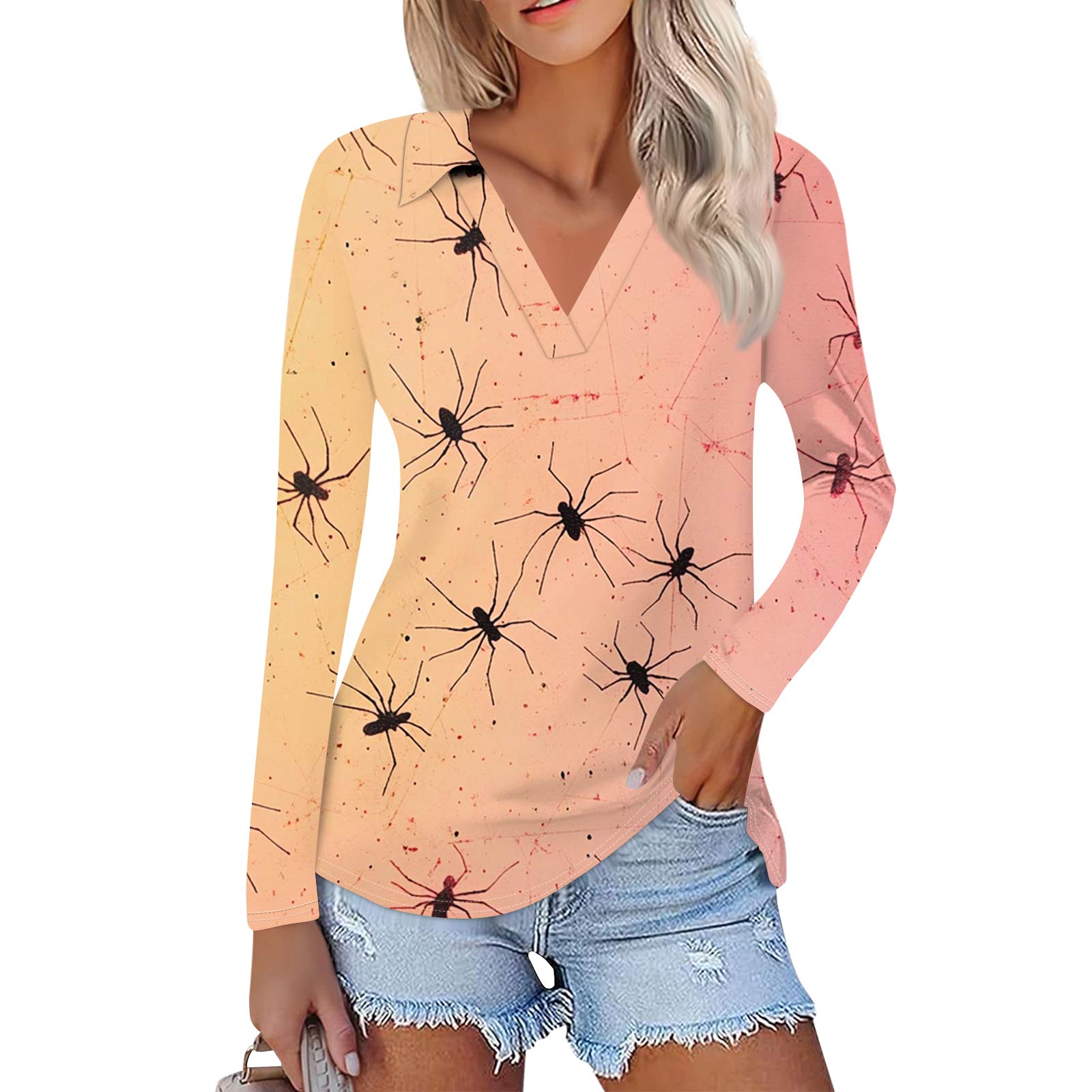 

Женская летняя модная повседневная рубашка с v-образным вырезом и длинным рукавом с принтом, топ XL розовый