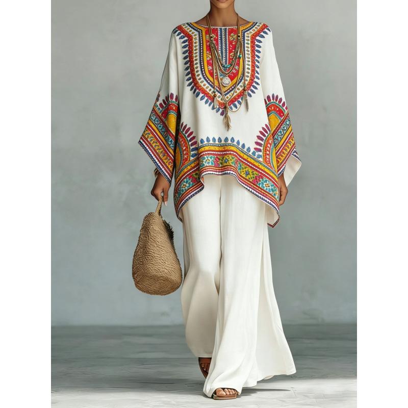 1116 European and American spring new printing temperament round neck versatile casual loose two-piece set