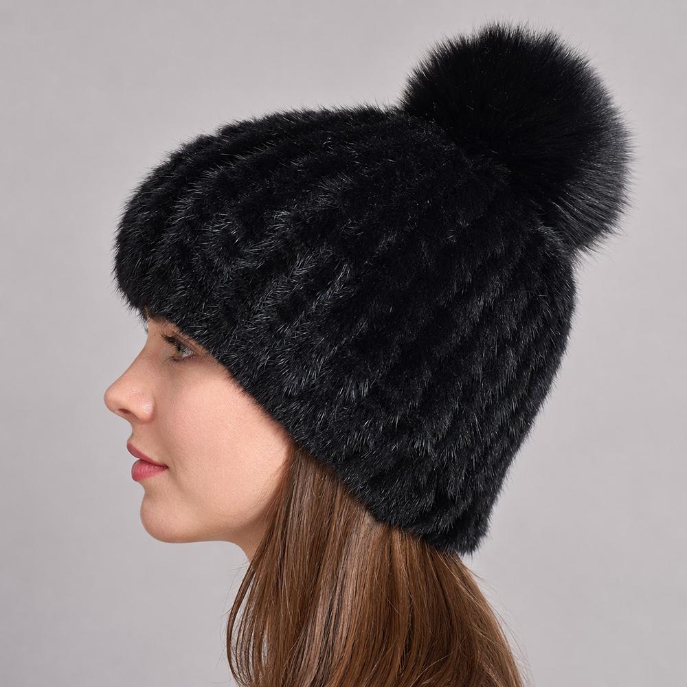 Winter Women Natural Mink Fur Hat Hand Knitted Warm 100% Genuine Mink Fur Cap Russia Lady Real Mink Fur And Fox Fur Pompoms Hats