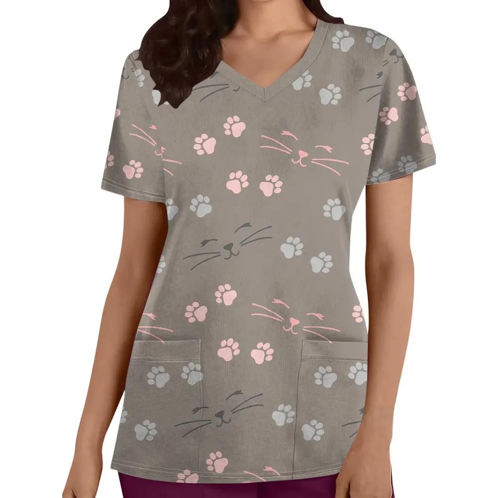 Clinical Uniform Cute Cat Cartoon Print Fashion Short Sleeve Casual V-Neck Vet Medical Clothes Women's T-shirts