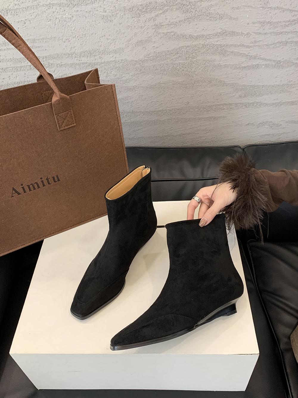 

модные женские ботильоны с круглым носком, новинка 2024 года, черные, коричневые, с застежкой-молнией сзади, на танкетке, на среднем каблуке, зимние короткие, размер 35-39, мода 245 чёрный