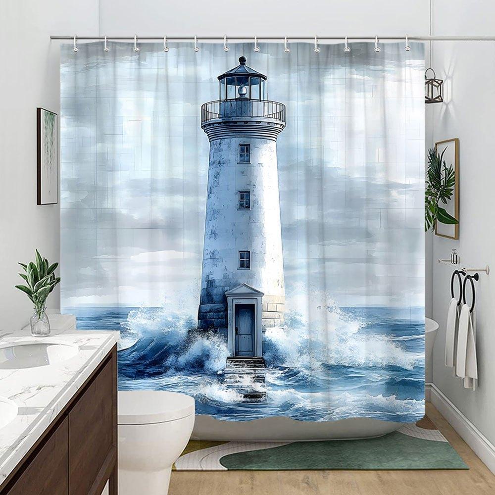 Coastal Lighthouse Shower Curtain Realistic Ocean Scene White Beacon Blue Waters Rugged Sky Polyester Washable With Hooks