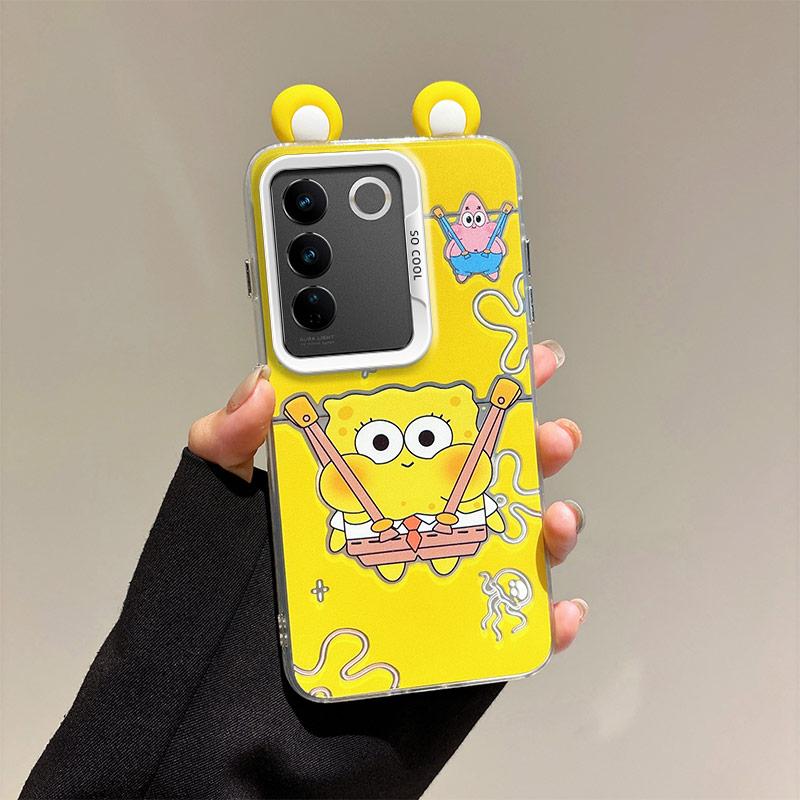 KEYSION Cute Ear Cartoon Case for VIVO Y100 5G with Lanyard Soft Silicone+PC Shockproof Phone Back Cover for VIVO Y100