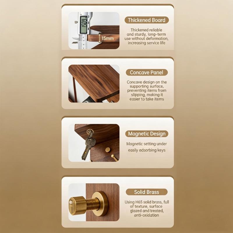 Elegant Brass Key Rack With 6 Metal Rings And Wooden Storage Shelf For Home Use