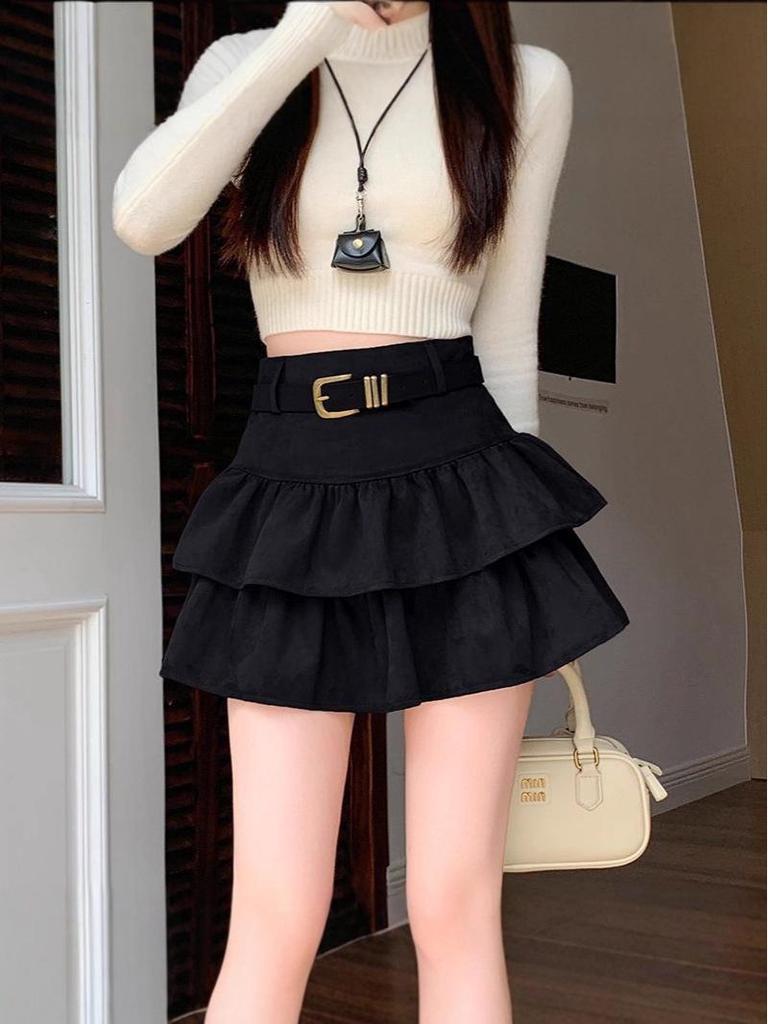 Air Layer Suede Plush High-Waisted Ruffle Short Skirt