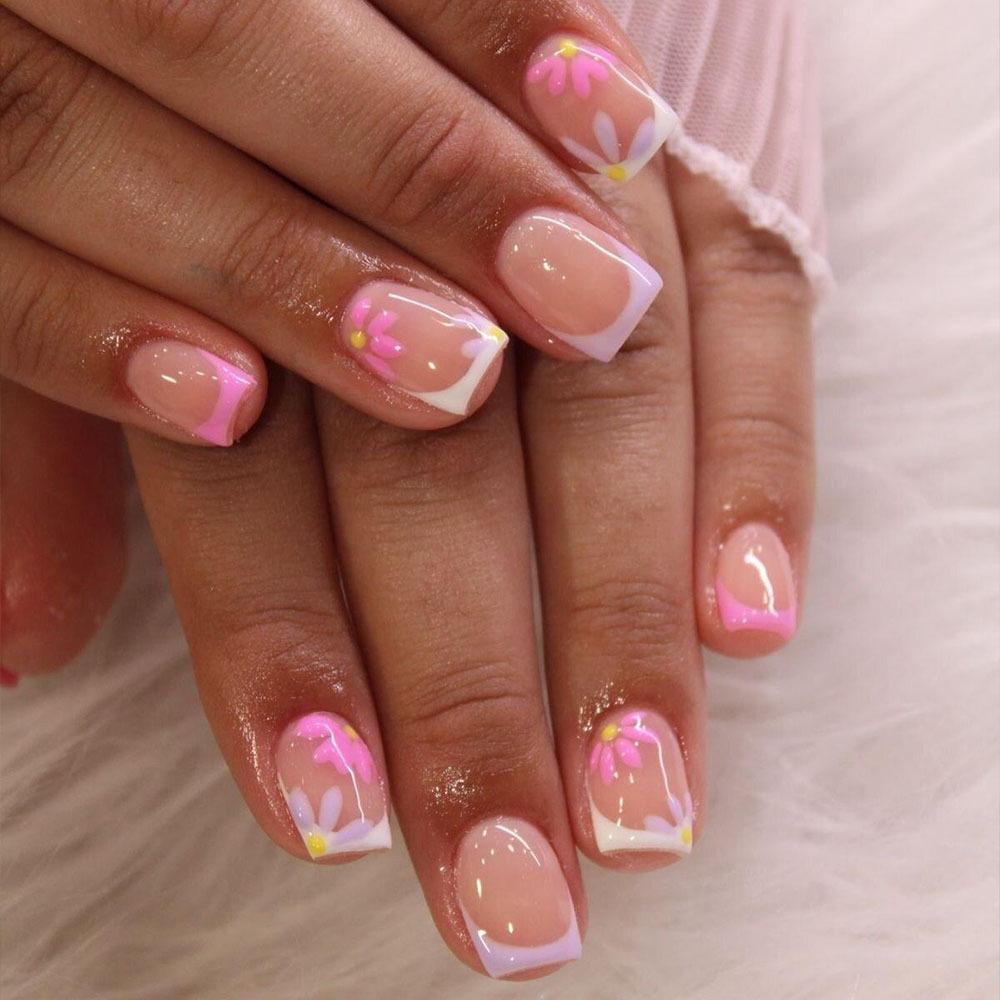 Wearable Manicure Detachable Manicure Patches, Short Flower French Manicure Patches, Pink Manicure Patches, Square Fake Nails