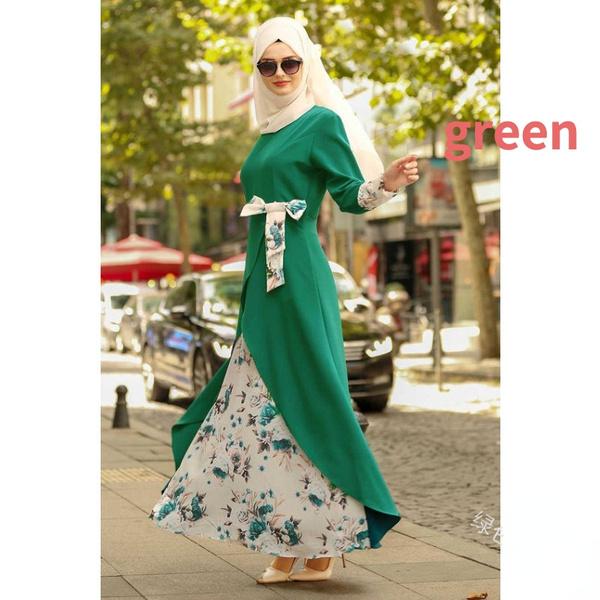 Muslimisches Kleid für Damen, O-Ausschnitt, volle Ärmel, lässig, Herbst, Blumenbogen, Abaya, islamische Dame, elegante Maxikleider