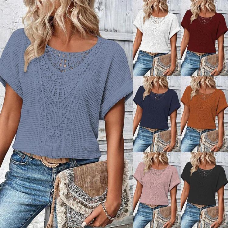 Wiosna Lato Damska Moda T-Shirt Europejski Amerykański Modny Kolekcja Krótki Rękaw Koronkowe Szycie