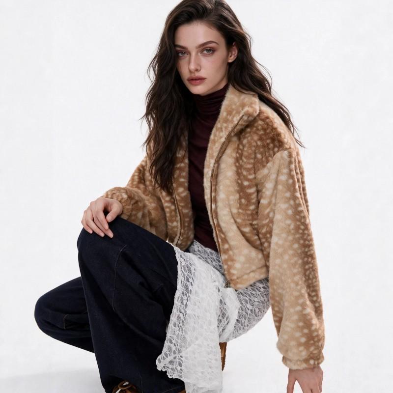 Womens Short Faux Fur Coat Stand Collar Zip-Up Loose Fit Warm Deer Casual Outerwear