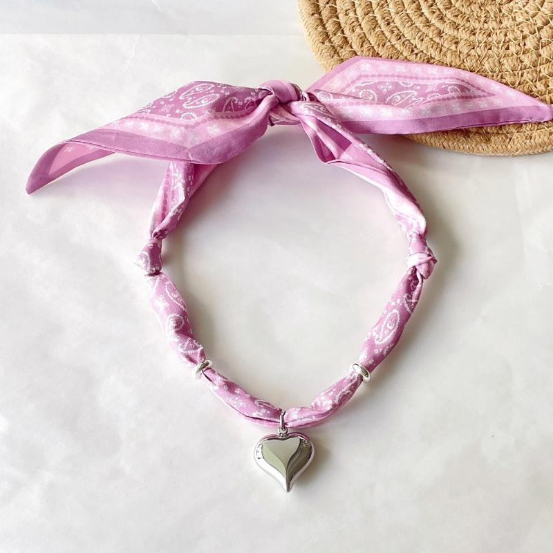 Cutie Bandana Scarf Necklace With Stainless Steel Heart Charm Handmade Jewelry Gift For Mother Wife Girls
