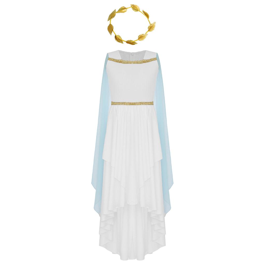 Girls Greek Toga Princess Costume Sleeveless Flowy Dress Patchwork Zipper Halloween Party Headband Included
