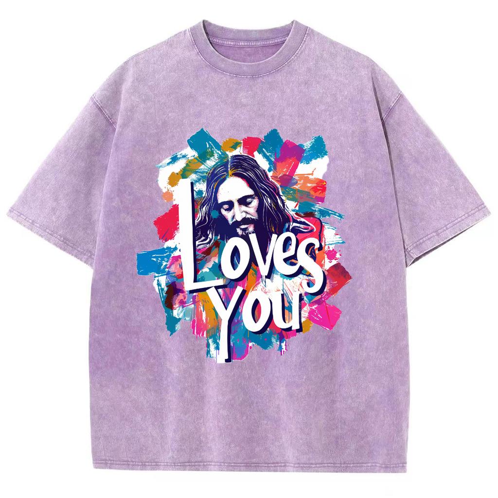 Liebt Dich Brief Porträt Druck Damen T-Shirt Gewaschen Übergroß Locker Halbarm High Street Kurzarm