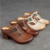 Ethnic Style Flower Mid Heel Slippers Summer New Round Toe Retro Comfortable Versatile Women Shoes Outside Slides