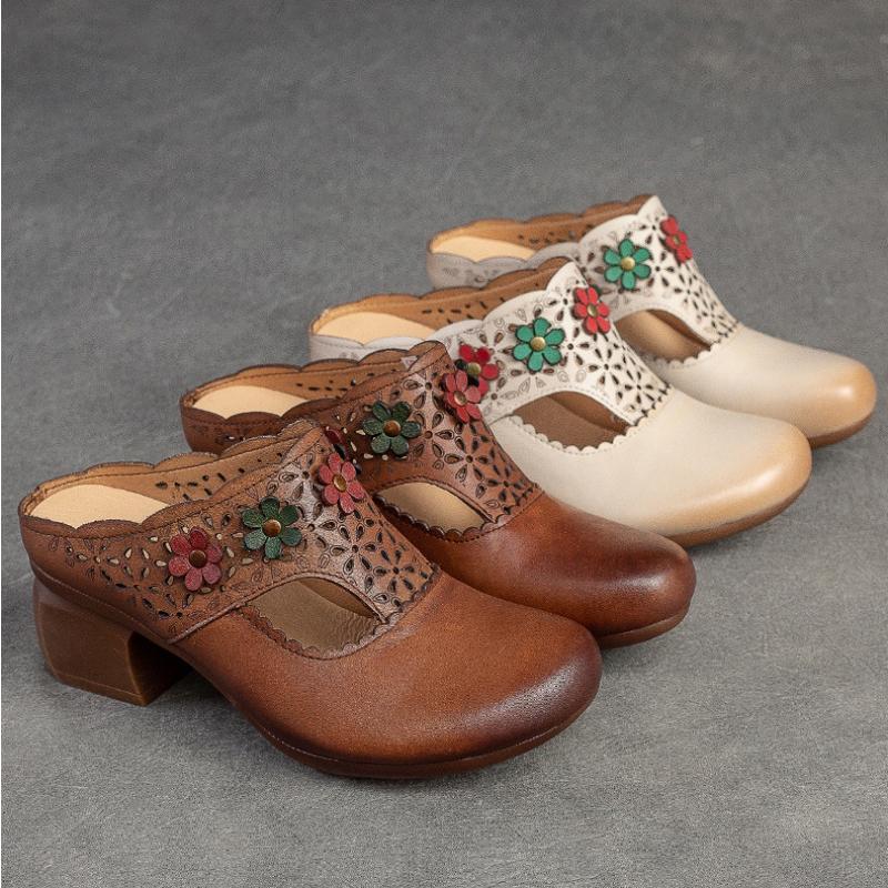 Ethnic Style Flower Mid Heel Slippers Summer New Round Toe Retro Comfortable Versatile Women Shoes Outside Slides