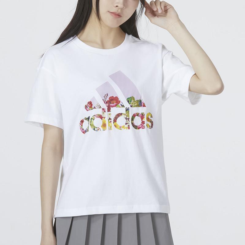Adidas Flower Grfx Tee With Floral Logo Print, Casual Round Neck Short Sleeve Women Tops White HN7753