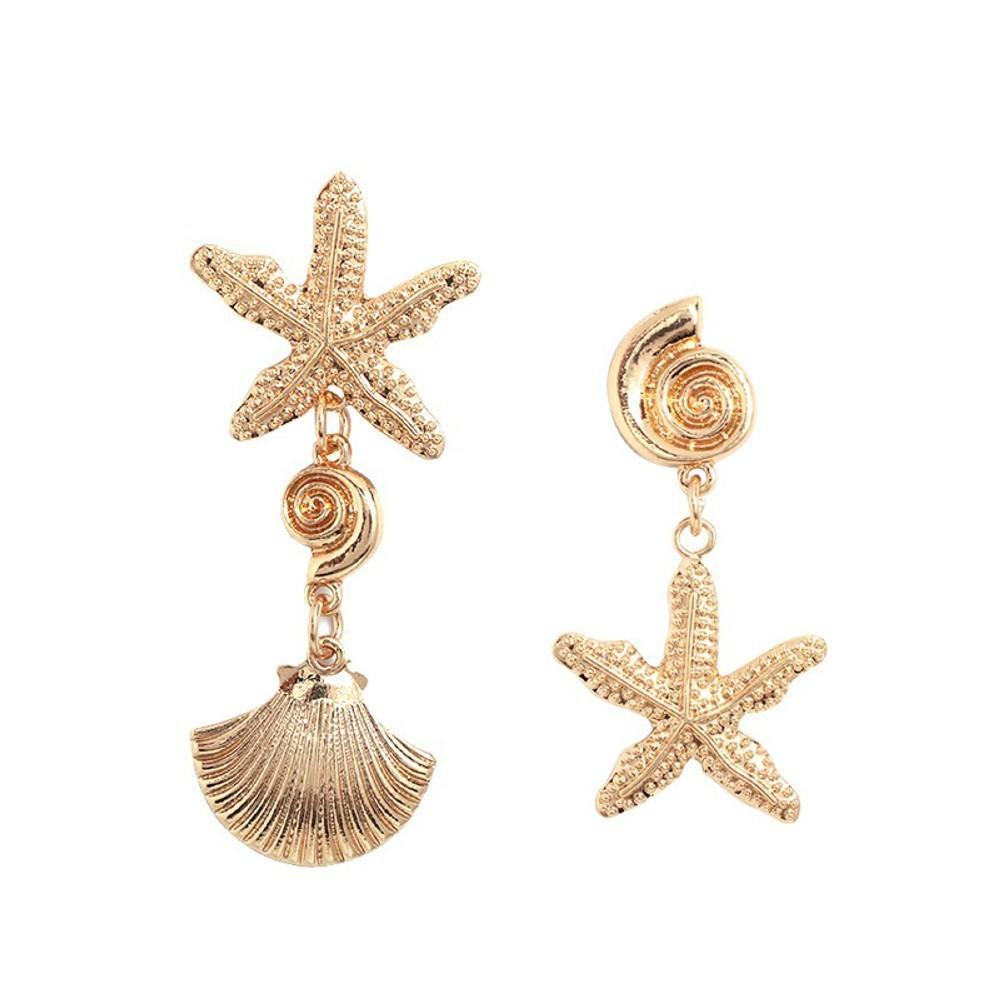 European American Fashion Conch Starfish Pendant Necklace Earrings Set Metallic Beach Style Women Trendy Jewelry