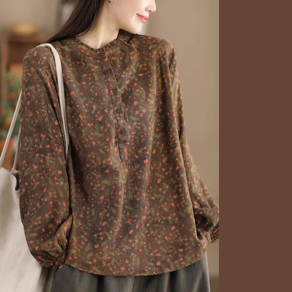 

Весенне-осенняя двухслойная хлопковая крашеная пряжа с принтом, женская толстовка с воротником-грибком и цветочным принтом, литературная рубашка с длинными рукавами One Size