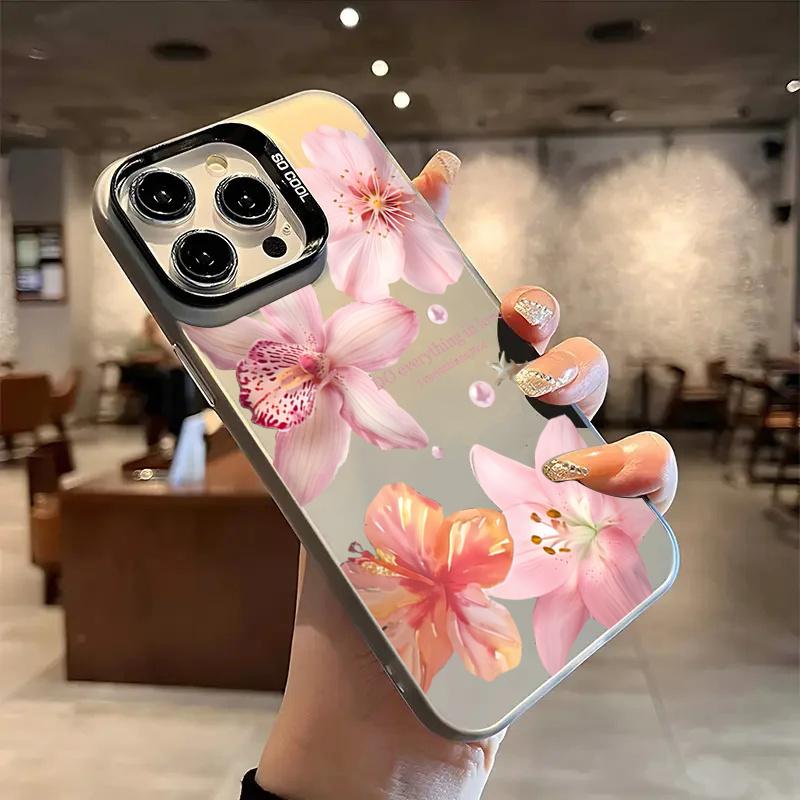 Lily Flower Print IMD Material Silvery Phone Case for iPhone 16 E 15 14 13 12 11 Pro Max XS XR X 7 8 15 16 Plus Shockproof Cover