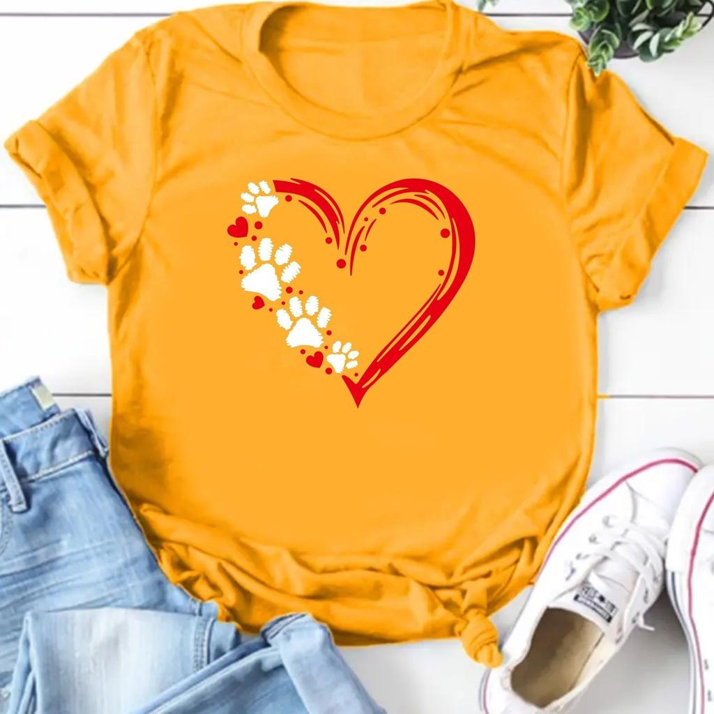 Women's Casual O Neck Heart Printed T-shirt O Neck Short Sleeve Cotton Tops