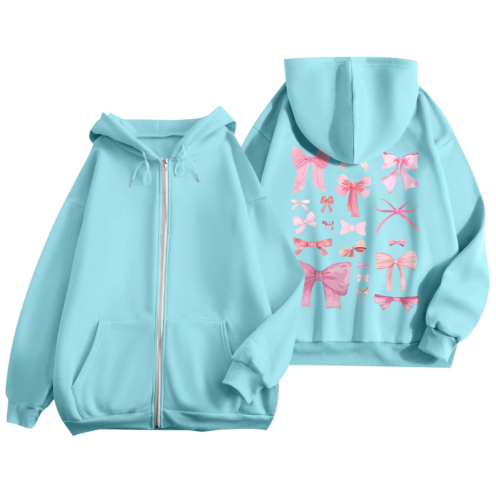 

Женские толстовки на молнии для девочек-подростков, свитшот с цветочным принтом, одежда, повседневная куртка на шнурке с карманами M светло-синий