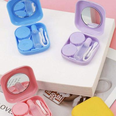 Mini Contact Lenses Case Solid Color Portable Contact Lens Box Soaking Storage Set with Tweezer Suction Stick Travel Kit Holder