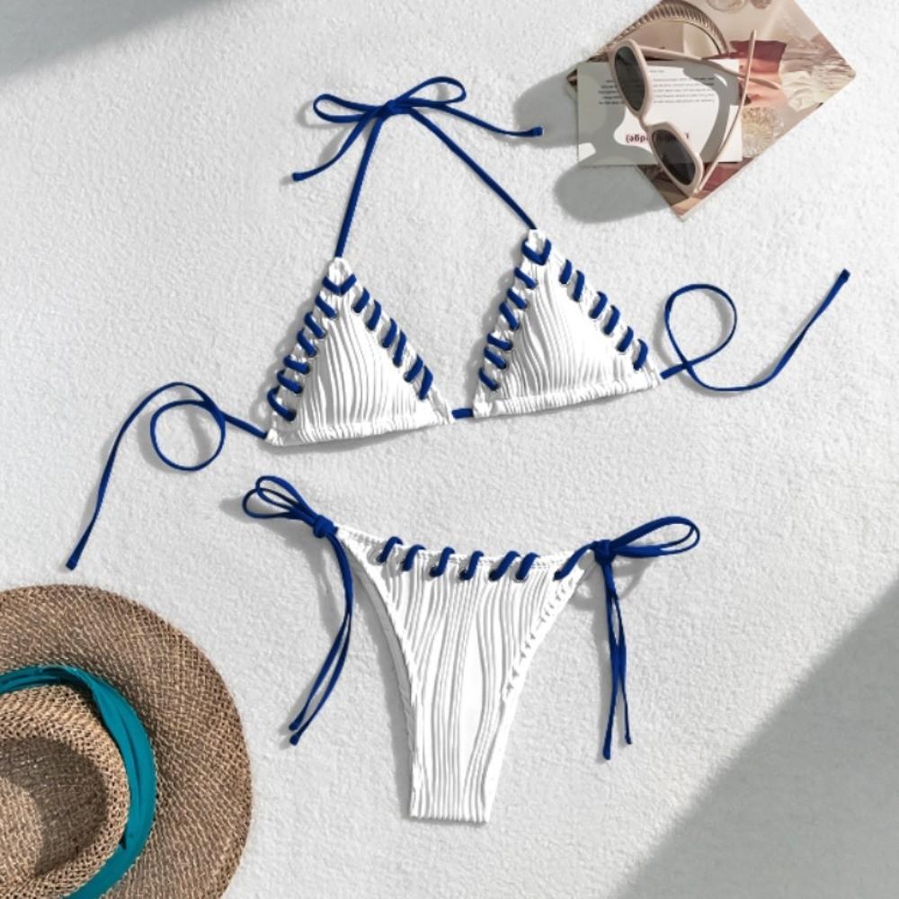 Lace Up Swimwear Set Ruffled Halter Neck Sling Swimsuit Simple Bikini Suit  Resort Wear