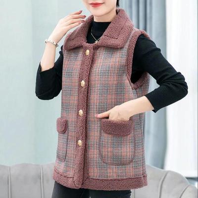 Women's Fall and Winter Vest Plaid Loose Pockets Jacket Plush Cozy Cardigan Tops